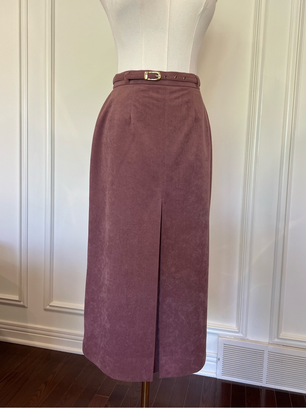 Vintage Faux Suede Midi‎ Skirt Mauve Belted Quiet Luxury 90s Minimalist Lined